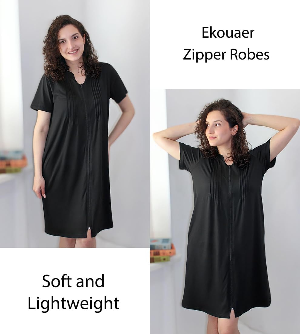image:imageEkouaer Women Zipper Robes Short Bathrobe Lightweight House Coat ZipfrontShort SleevesTwo PocketsKnee LengthCute Pleated FrontMumu Duster Moo Moo Nightgown Lounge robeBlack