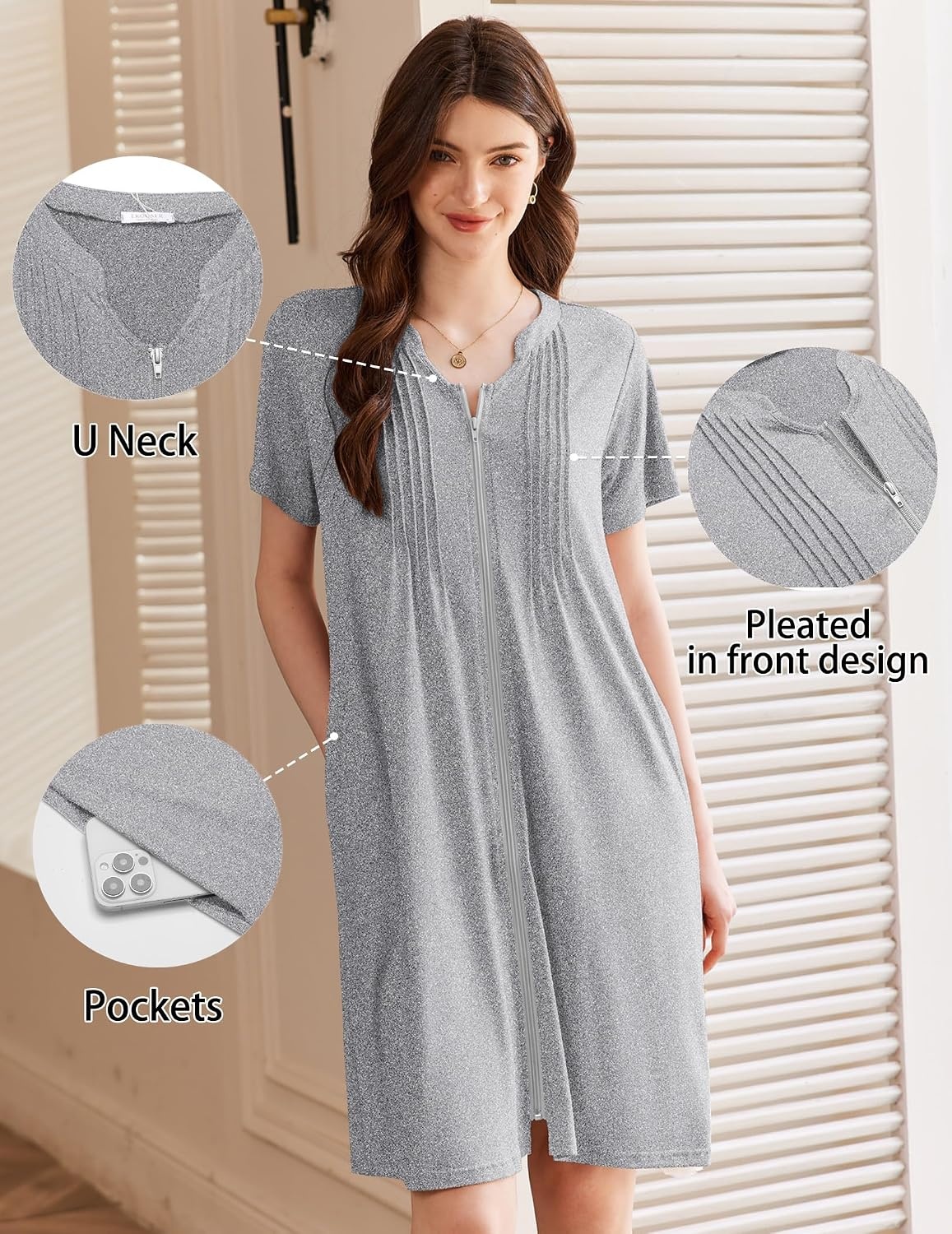 image:imageEkouaer Women Zipper Robes Short Bathrobe Lightweight House Coat ZipfrontShort SleevesTwo PocketsKnee LengthCute Pleated FrontMumu Duster Moo Moo Nightgown Lounge robeLight Grey