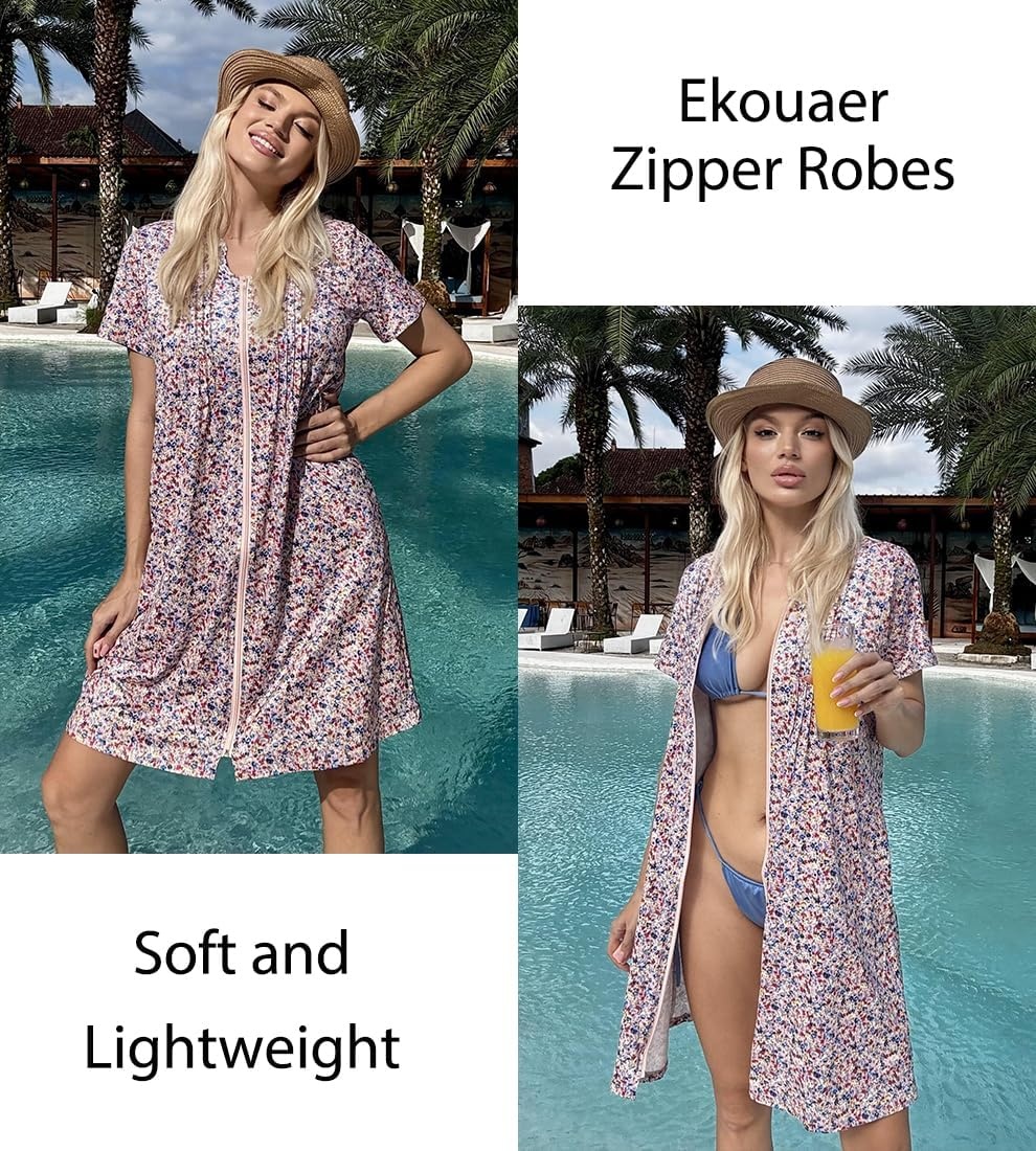 image:imageEkouaer Women Zipper Robes Short Bathrobe Lightweight House Coat ZipfrontShort SleevesTwo PocketsKnee LengthCute Pleated FrontMumu Duster Moo Moo Nightgown Lounge robeFloral Pink