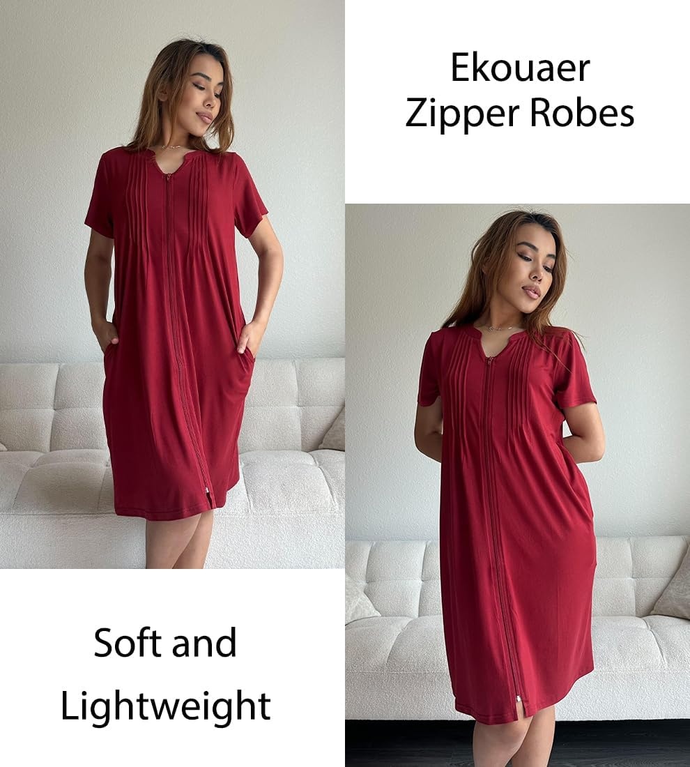 image:imageEkouaer Women Zipper Robes Short Bathrobe Lightweight House Coat ZipfrontShort SleevesTwo PocketsKnee LengthCute Pleated FrontMumu Duster Moo Moo Nightgown Lounge robeWine Red