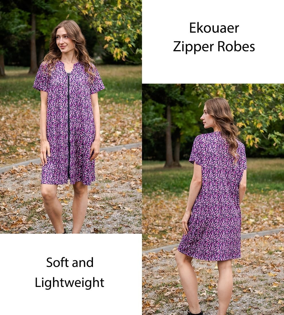 image:imageEkouaer Women Zipper Robes Short Bathrobe Lightweight House Coat ZipfrontShort SleevesTwo PocketsKnee LengthCute Pleated FrontMumu Duster Moo Moo Nightgown Lounge robeFloral Purple