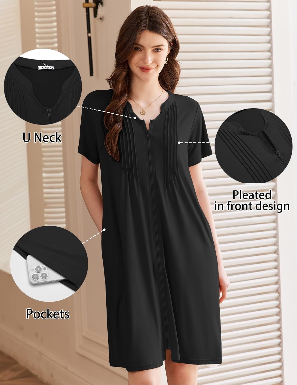 image:imageEkouaer Women Zipper Robes Short Bathrobe Lightweight House Coat ZipfrontShort SleevesTwo PocketsKnee LengthCute Pleated FrontMumu Duster Moo Moo Nightgown Lounge robeBlack