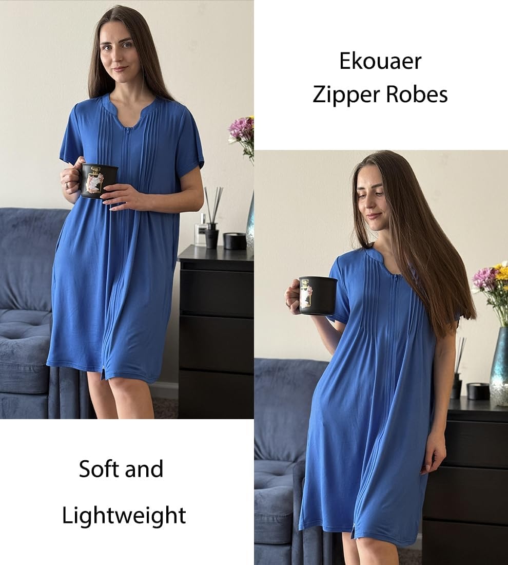 image:imageEkouaer Women Zipper Robes Short Bathrobe Lightweight House Coat ZipfrontShort SleevesTwo PocketsKnee LengthCute Pleated FrontMumu Duster Moo Moo Nightgown Lounge robeRoyal Blue
