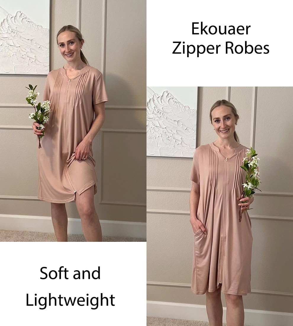 image:imageEkouaer Women Zipper Robes Short Bathrobe Lightweight House Coat ZipfrontShort SleevesTwo PocketsKnee LengthCute Pleated FrontMumu Duster Moo Moo Nightgown Lounge robeMisty Rose