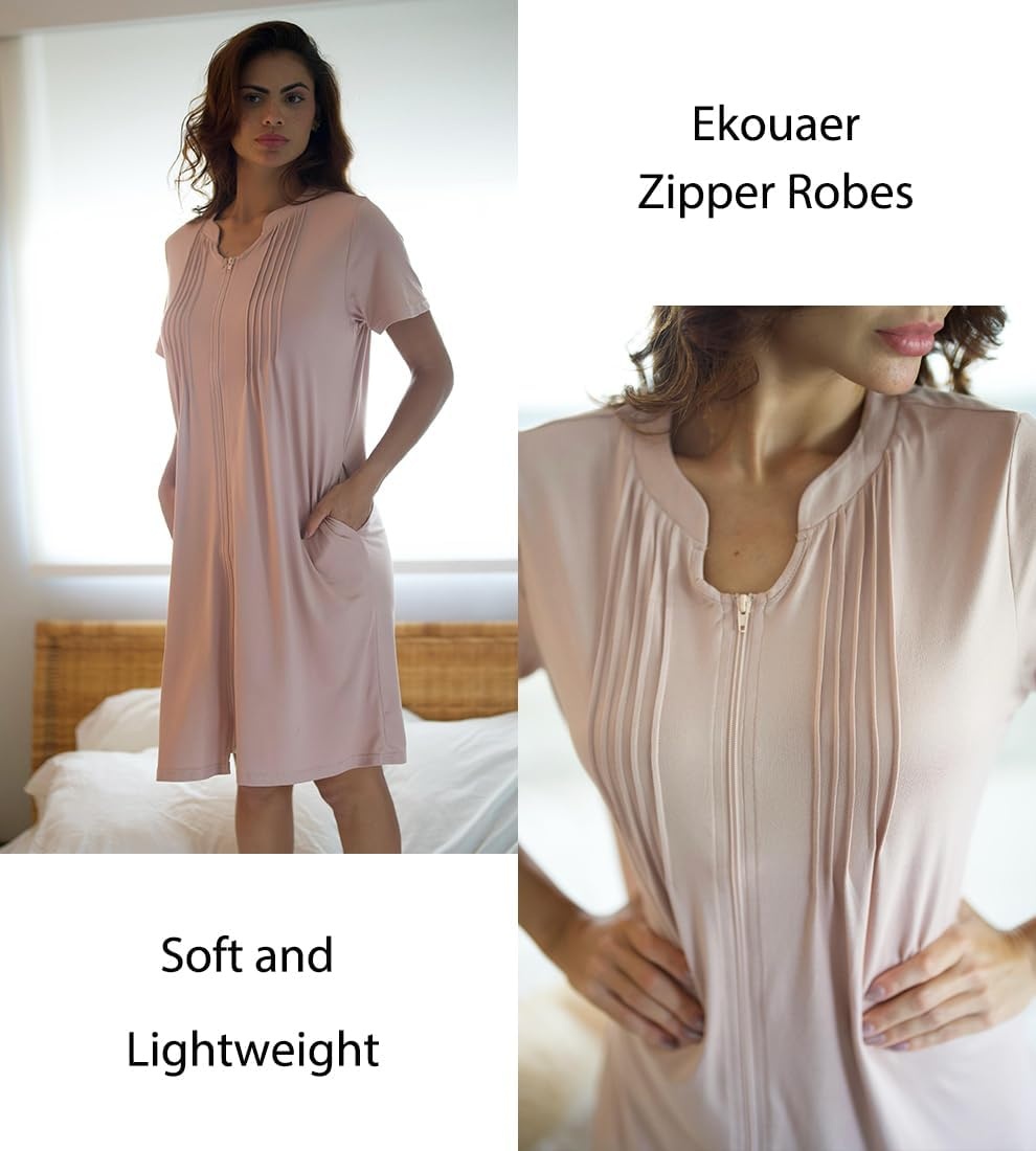 image:imageEkouaer Women Zipper Robes Short Bathrobe Lightweight House Coat ZipfrontShort SleevesTwo PocketsKnee LengthCute Pleated FrontMumu Duster Moo Moo Nightgown Lounge robeMisty Rose