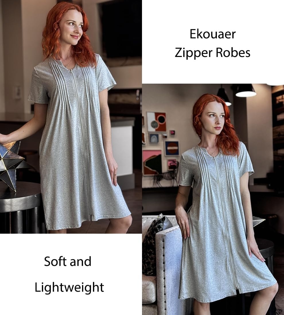 image:imageEkouaer Women Zipper Robes Short Bathrobe Lightweight House Coat ZipfrontShort SleevesTwo PocketsKnee LengthCute Pleated FrontMumu Duster Moo Moo Nightgown Lounge robeLight Grey