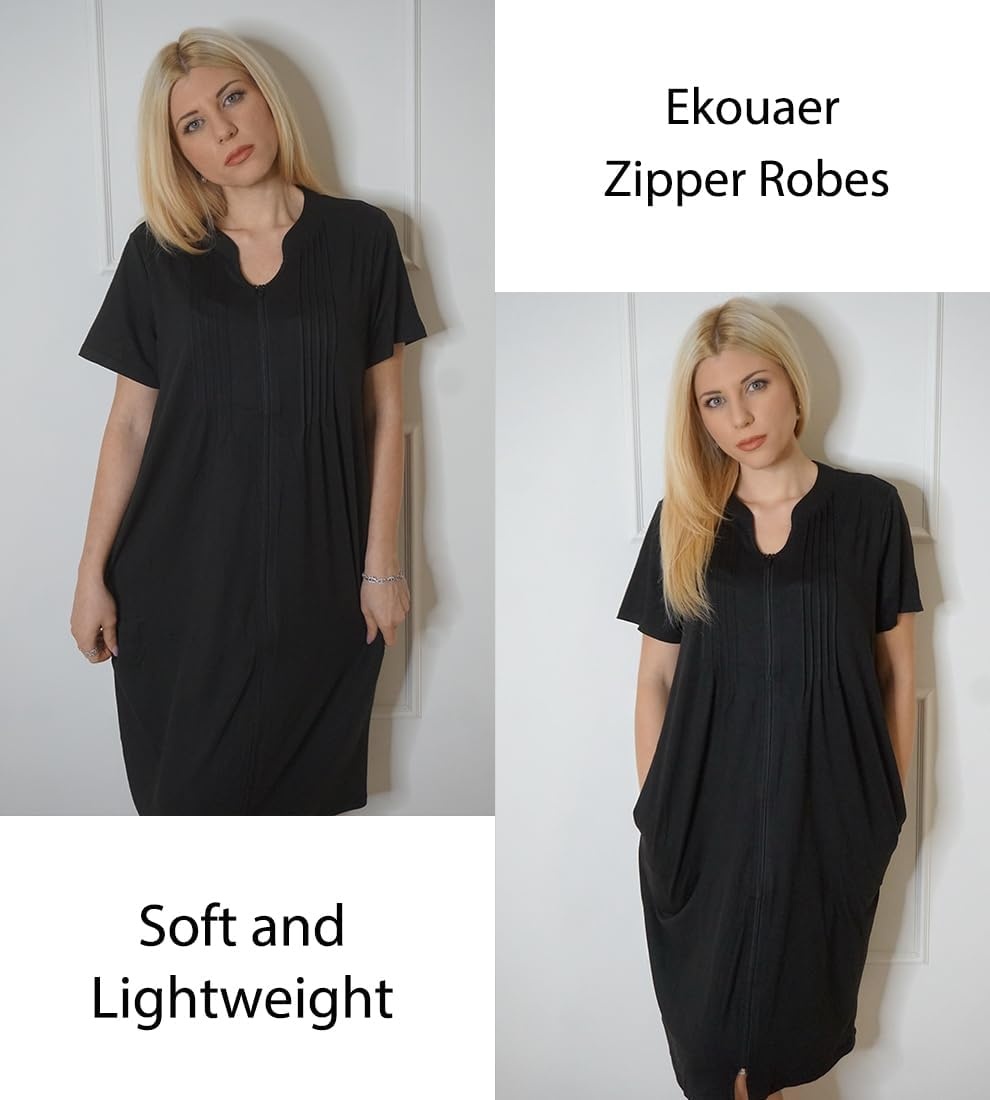 image:imageEkouaer Women Zipper Robes Short Bathrobe Lightweight House Coat ZipfrontShort SleevesTwo PocketsKnee LengthCute Pleated FrontMumu Duster Moo Moo Nightgown Lounge robeBlack