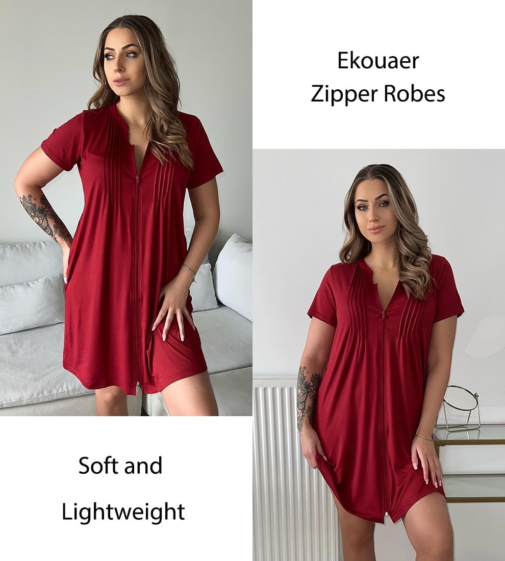 image:imageEkouaer Women Zipper Robes Short Bathrobe Lightweight House Coat ZipfrontShort SleevesTwo PocketsKnee LengthCute Pleated FrontMumu Duster Moo Moo Nightgown Lounge robeWine Red