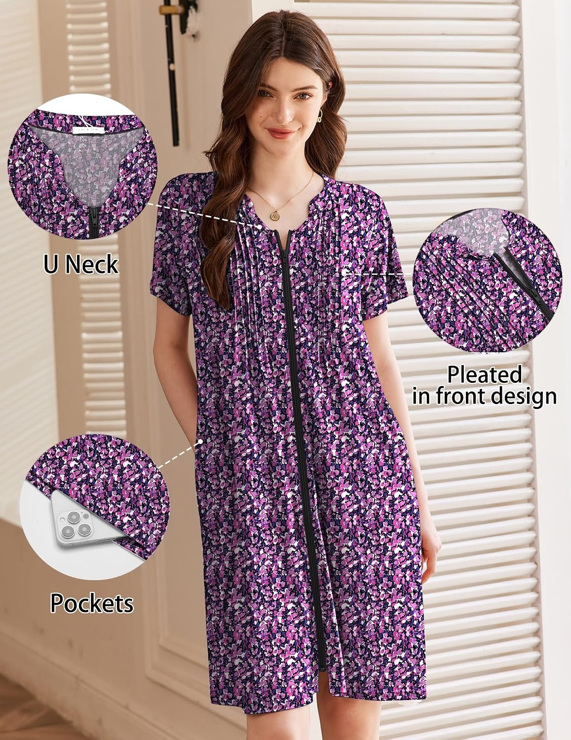 image:imageEkouaer Women Zipper Robes Short Bathrobe Lightweight House Coat ZipfrontShort SleevesTwo PocketsKnee LengthCute Pleated FrontMumu Duster Moo Moo Nightgown Lounge robeFloral Purple