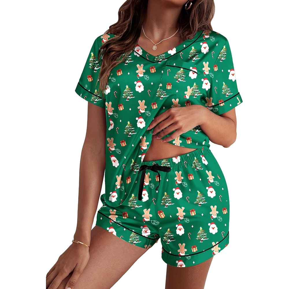 image:imageEkouaer Silk Pajama for Women Short Sleeve Satin Pj Set Two Piece XSXXL  loungewear or daily wearValentines Day Bridal Party Honeymoon Vacation and Anniversaries Gift walkingenjoying coffeeGreen Santa Claus