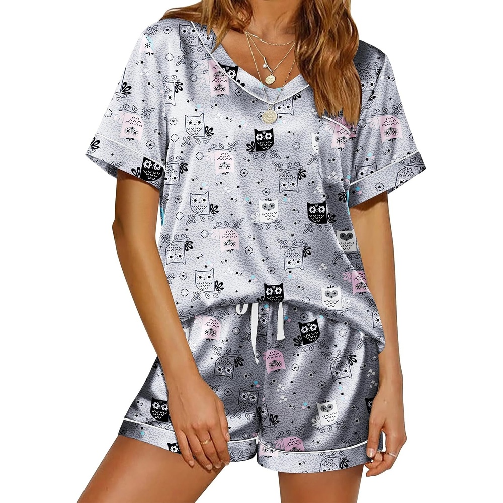 image:imageEkouaer Silk Pajama for Women Short Sleeve Satin Pj Set Two Piece XSXXL  loungewear or daily wearValentines Day Bridal Party Honeymoon Vacation and Anniversaries Gift walkingenjoying coffeeGrey Owl