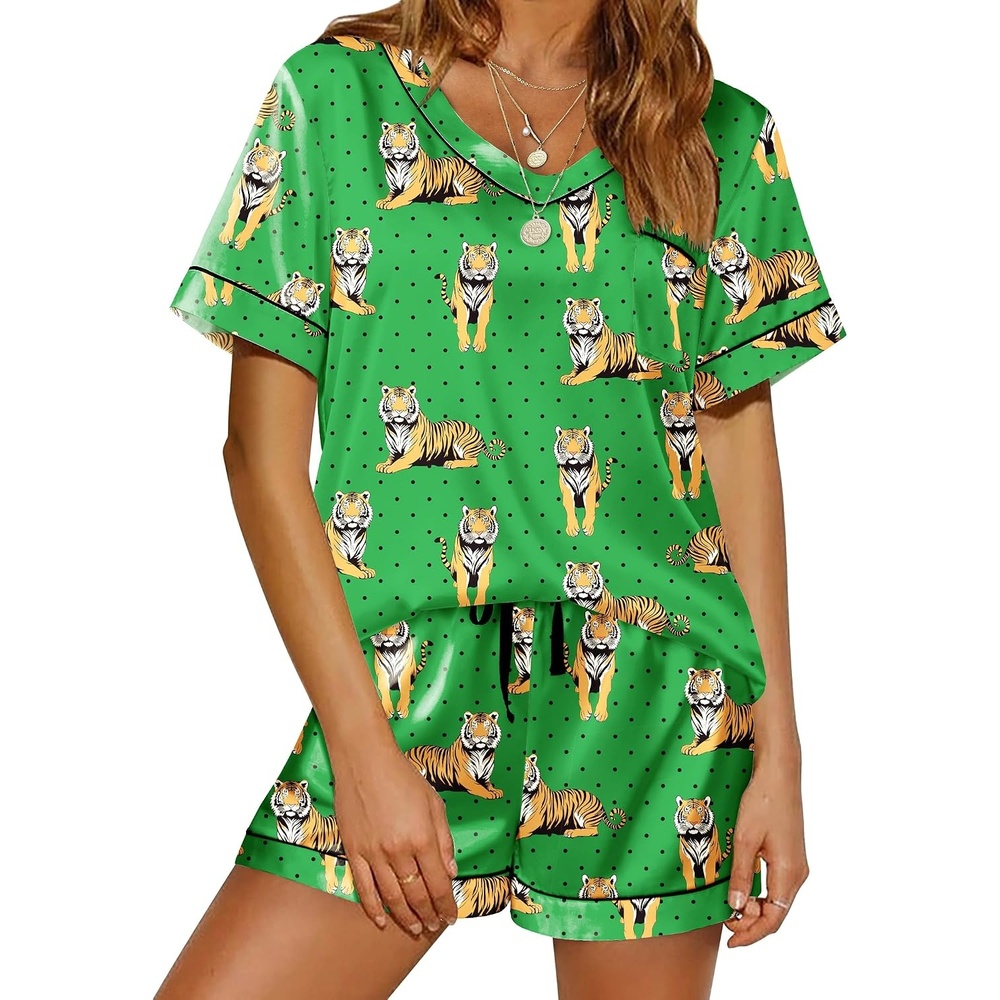 image:imageEkouaer Silk Pajama for Women Short Sleeve Satin Pj Set Two Piece XSXXL  loungewear or daily wearValentines Day Bridal Party Honeymoon Vacation and Anniversaries Gift walkingenjoying coffeeTiger  Polka Dots
