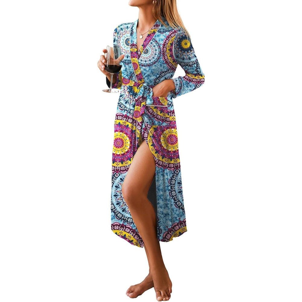 image:imageEkouaer Women Kimono Robes Full Length Knit Bathrobe Lightweight Sleepwear  Long Loungewear Soft Lightweight Fabric Christmas Day Valentines Day Bridal PartyFloral Mandala Blue