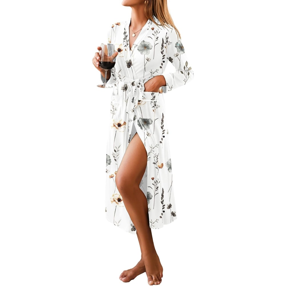 image:imageEkouaer Women Kimono Robes Full Length Knit Bathrobe Lightweight Sleepwear  Long Loungewear Soft Lightweight Fabric Christmas Day Valentines Day Bridal PartyFloral White 2