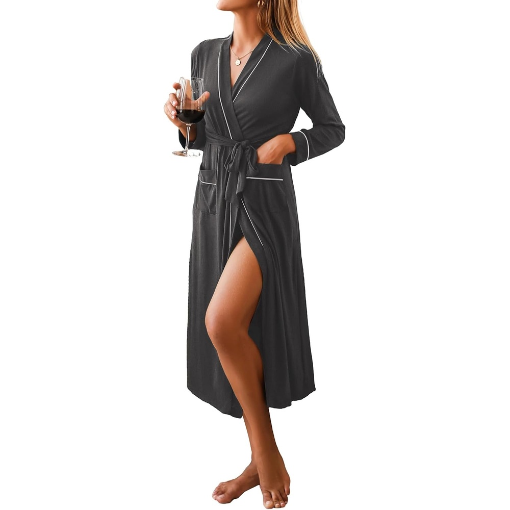 image:imageEkouaer Women Kimono Robes Full Length Knit Bathrobe Lightweight Sleepwear  Long Loungewear Soft Lightweight Fabric Christmas Day Valentines Day Bridal PartyDark Gray