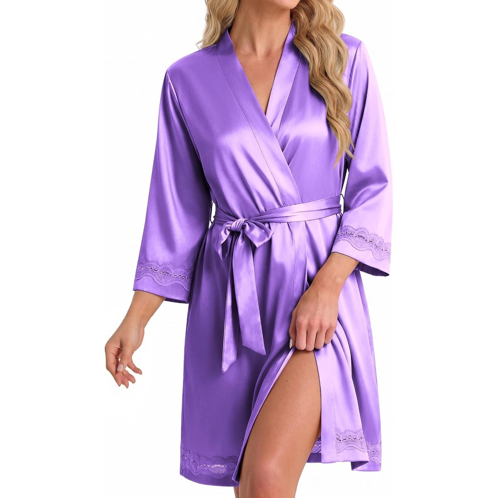 image:imageEkouaer Women Silky Satin Robe Lace Bridesmaid Bathrobes Kimono Loungewear  Short Bride Robes for Bridal Wedding Party 34 Sleeves Knee Length Maternity Robe Lightweight Soft Satin FabricLilac