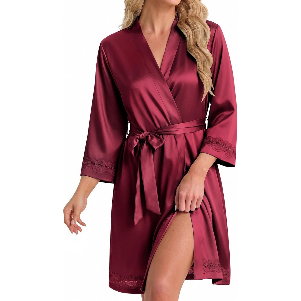 image:imageEkouaer Women Silky Satin Robe Lace Bridesmaid Bathrobes Kimono Loungewear Short Bride Robes for Bridal Wedding Party 34 Sleeves Knee Length Maternity Robe Lightweight Soft Satin FabricWine Red