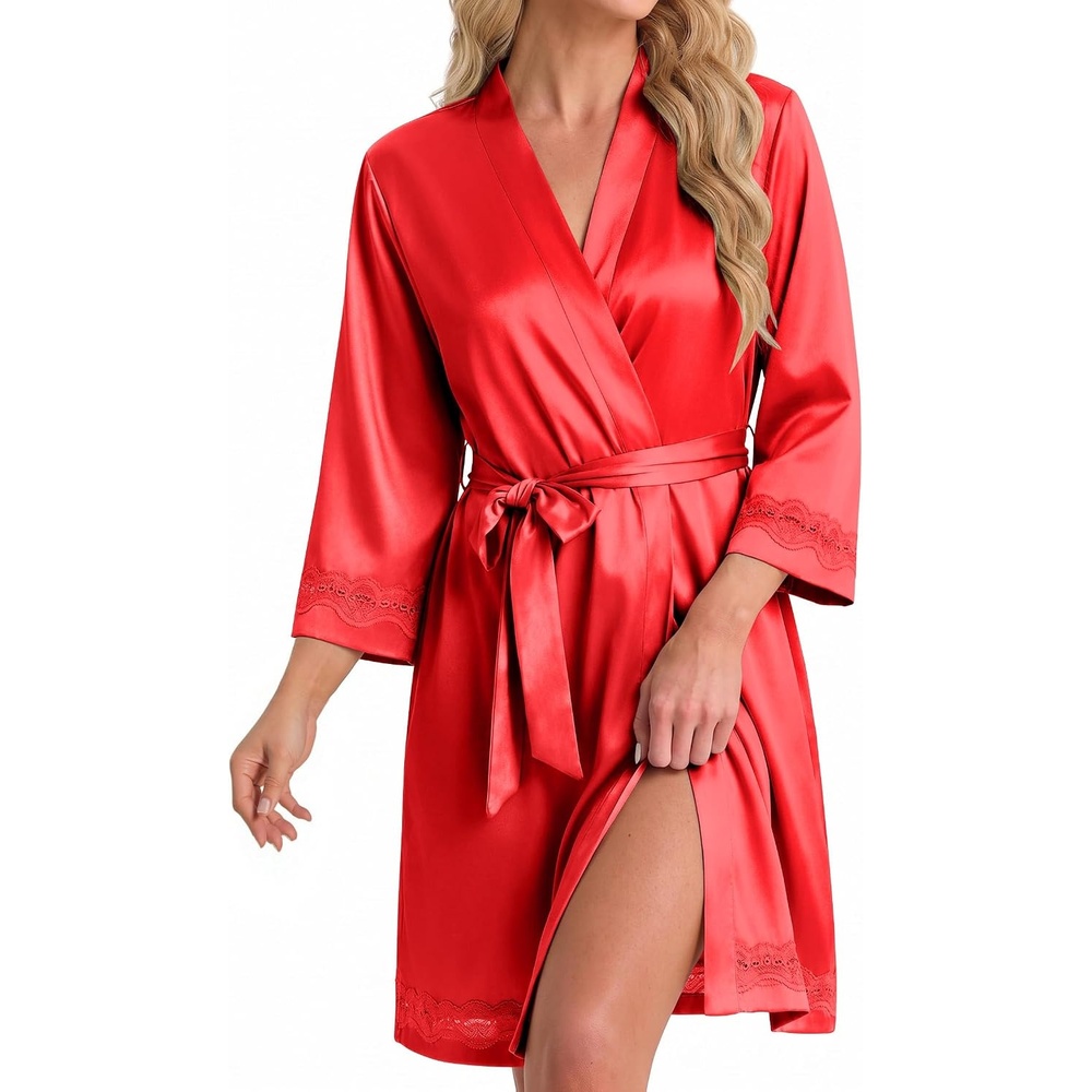 image:imageEkouaer Women Silky Satin Robe Lace Bridesmaid Bathrobes Kimono Loungewear  Short Bride Robes for Bridal Wedding Party 34 Sleeves Knee Length Maternity Robe Lightweight Soft Satin FabricRed