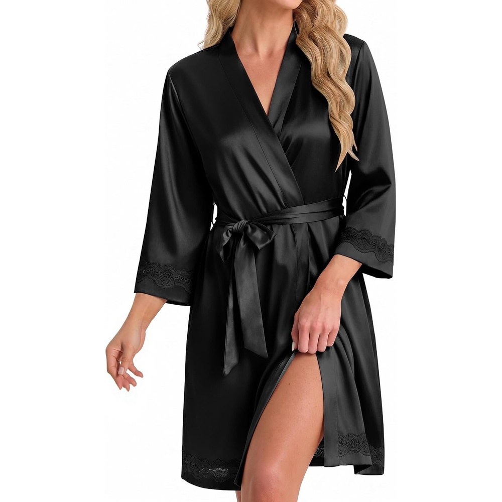 image:imageEkouaer Women Silky Satin Robe Lace Bridesmaid Bathrobes Kimono Loungewear Short Bride Robes for Bridal Wedding Party 34 Sleeves Knee Length Maternity Robe Lightweight Soft Satin FabricBlack