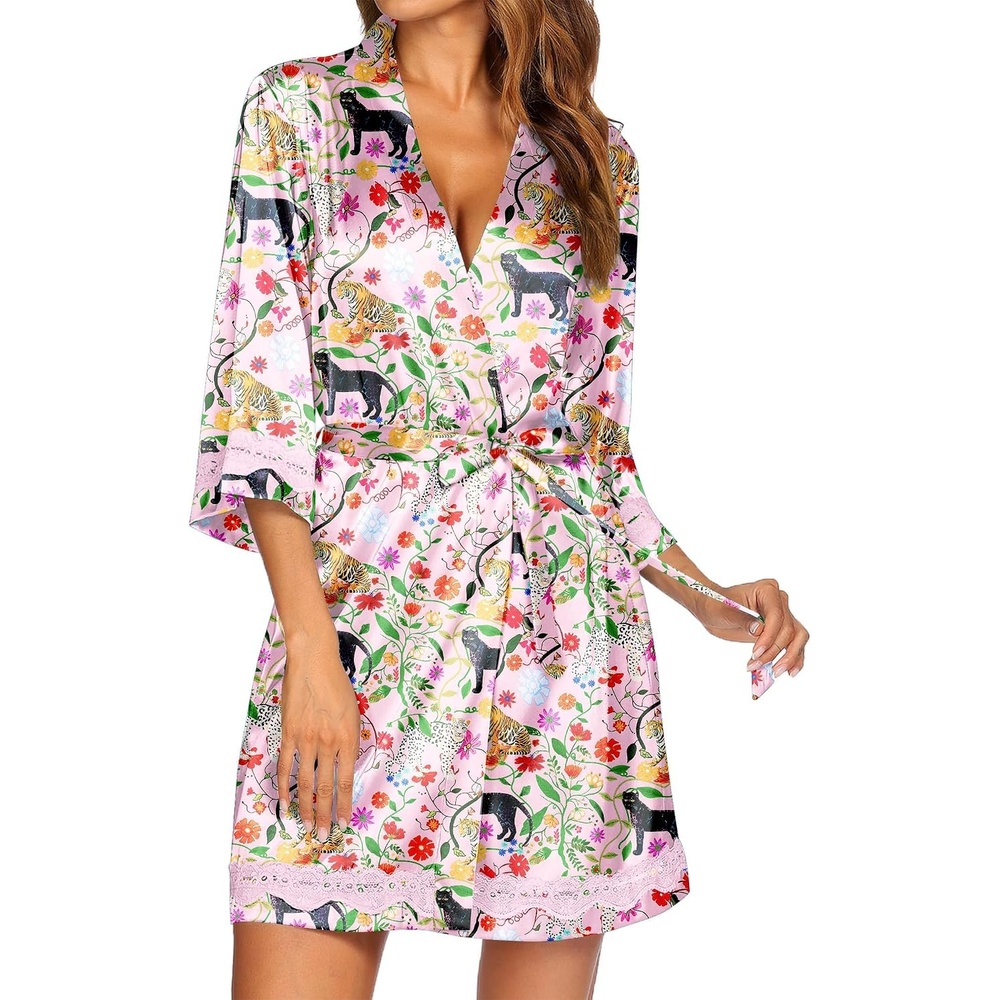 image:imageEkouaer Women Silky Satin Robe Lace Bridesmaid Bathrobes Kimono Loungewear Short Bride Robes for Bridal Wedding Party 34 Sleeves Knee Length Maternity Robe Lightweight Soft Satin FabricPink Tiger