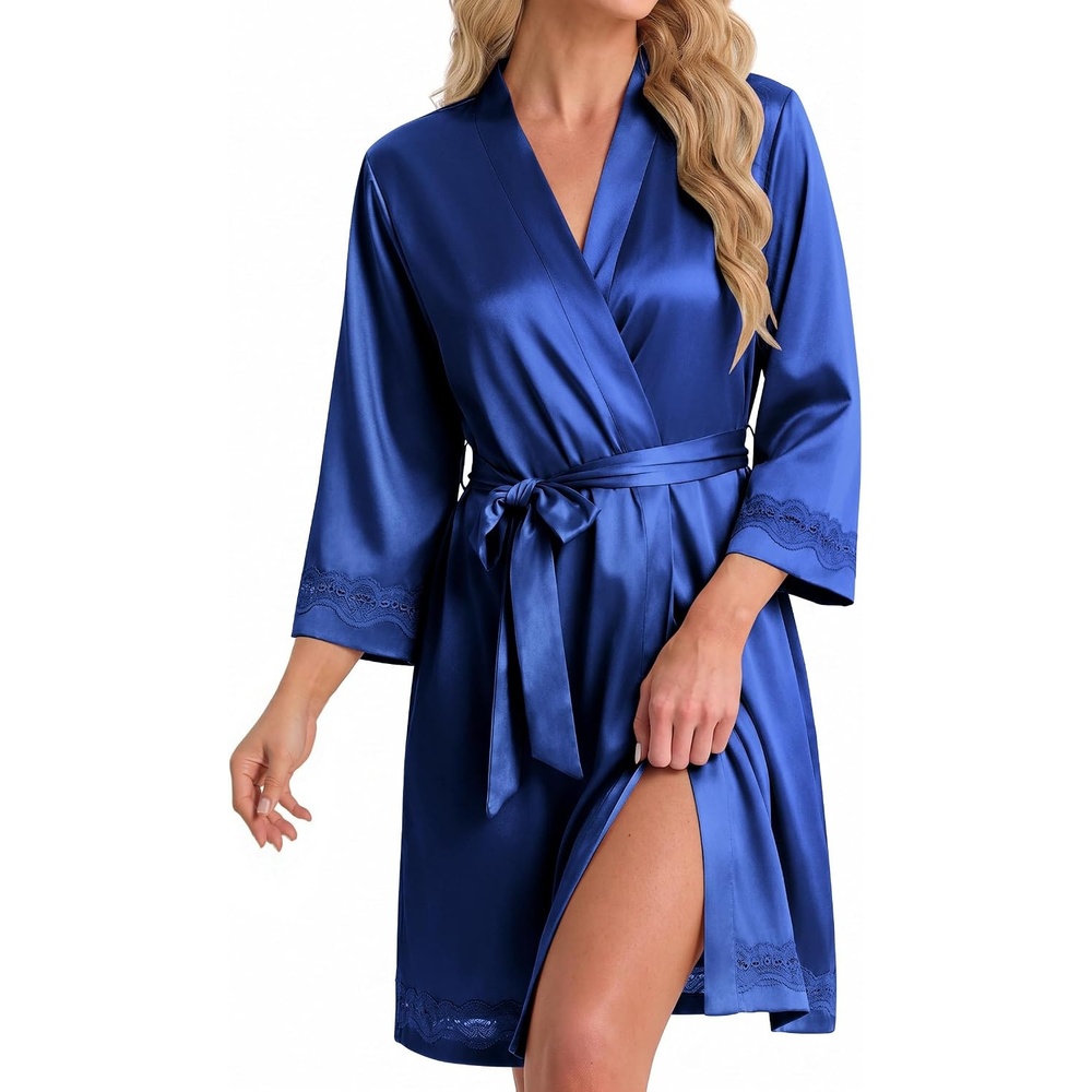 image:imageEkouaer Women Silky Satin Robe Lace Bridesmaid Bathrobes Kimono Loungewear Short Bride Robes for Bridal Wedding Party 34 Sleeves Knee Length Maternity Robe Lightweight Soft Satin FabricNavy Blue