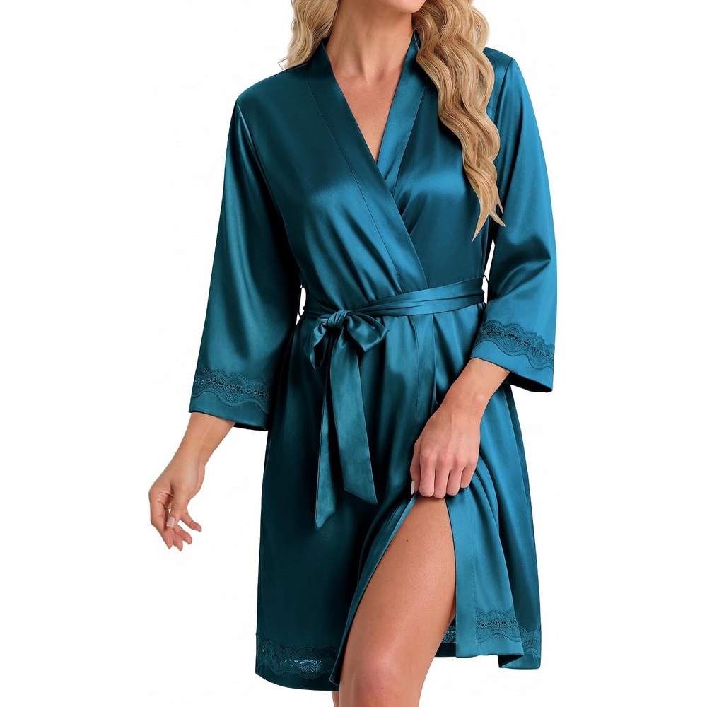 image:imageEkouaer Women Silky Satin Robe Lace Bridesmaid Bathrobes Kimono Loungewear Short Bride Robes for Bridal Wedding Party 34 Sleeves Knee Length Maternity Robe Lightweight Soft Satin FabricPeacock Blue
