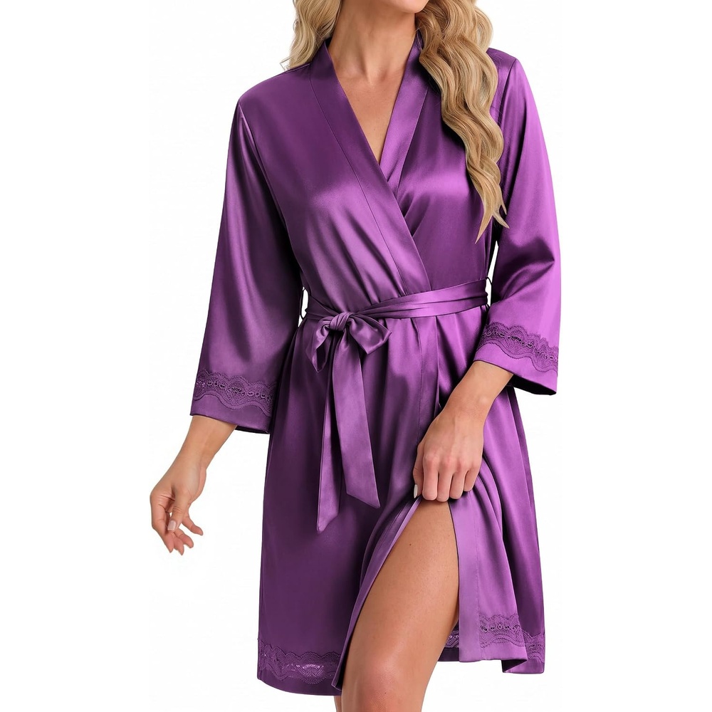 image:imageEkouaer Women Silky Satin Robe Lace Bridesmaid Bathrobes Kimono Loungewear Short Bride Robes for Bridal Wedding Party 34 Sleeves Knee Length Maternity Robe Lightweight Soft Satin FabricWineberry