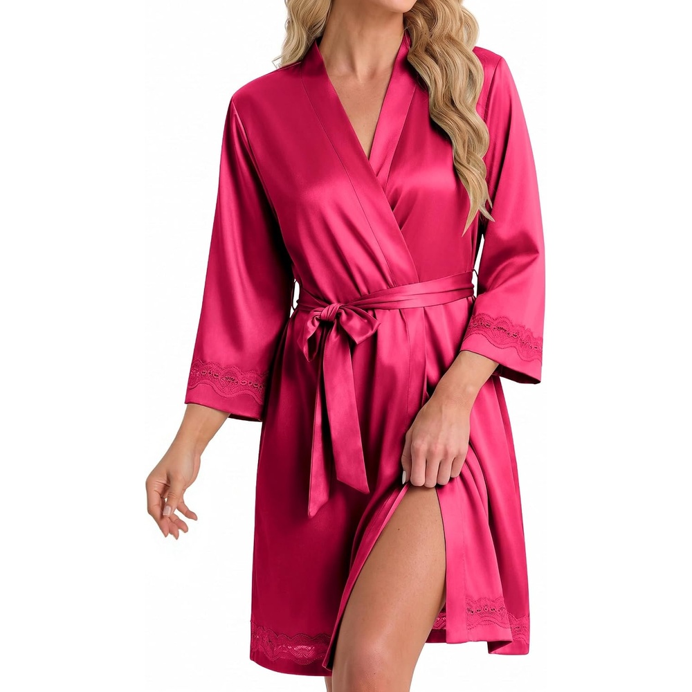 image:imageEkouaer Women Silky Satin Robe Lace Bridesmaid Bathrobes Kimono Loungewear Short Bride Robes for Bridal Wedding Party 34 Sleeves Knee Length Maternity Robe Lightweight Soft Satin FabricCherry Red