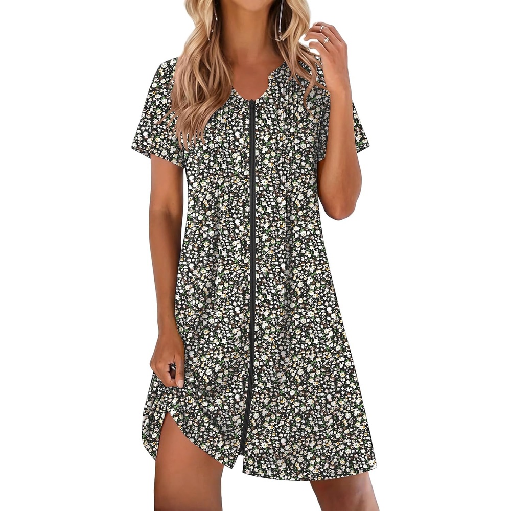 image:imageEkouaer Women Zipper Robes Short Bathrobe Lightweight House Coat  ZipfrontShort SleevesTwo PocketsKnee LengthCute Pleated FrontMumu Duster Moo Moo Nightgown Lounge robeFloral Black