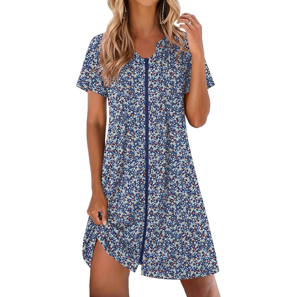 image:imageEkouaer Women Zipper Robes Short Bathrobe Lightweight House Coat  ZipfrontShort SleevesTwo PocketsKnee LengthCute Pleated FrontMumu Duster Moo Moo Nightgown Lounge robeFloral Blue