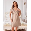 Ekouaer Satin Nightgowns for Women Lace Nightgown Short Sleeve Nightshirt | Satin Night Gowns Women Sexy, Short Sleeves Night Dress, Lace V Neck, Above Knee Length, Cocktail Dates,Bridal Nightgowns(Khaki)