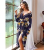 Ekouaer Women Kimono Robes Full Length Knit Bathrobe Lightweight Sleepwear | Long Loungewear, Soft Lightweight Fabric, Christmas Day, Valentine’s Day, Bridal Party(Floral Deep Blue)