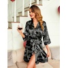 Ekouaer Women Silky Satin Robe Lace Bridesmaid Bathrobes Kimono Loungewear | Short Bride Robes for Bridal Wedding Party, 3/4 Sleeves, Knee Length Maternity Robe, Lightweight Soft Satin Fabric(Black Leopard)
