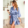 Ekouaer Women Silky Satin Robe Lace Bridesmaid Bathrobes Kimono Loungewear | Short Bride Robes for Bridal Wedding Party, 3/4 Sleeves, Knee Length Maternity Robe, Lightweight Soft Satin Fabric(Cobalt Blue)