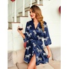 Ekouaer Women Silky Satin Robe Lace Bridesmaid Bathrobes Kimono Loungewear | Short Bride Robes for Bridal Wedding Party, 3/4 Sleeves, Knee Length Maternity Robe, Lightweight Soft Satin Fabric(Navy Blue Zebra)
