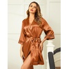 Ekouaer Women Silky Satin Robe Lace Bridesmaid Bathrobes Kimono Loungewear | Short Bride Robes for Bridal Wedding Party, 3/4 Sleeves, Knee Length Maternity Robe, Lightweight Soft Satin Fabric(Caramel Colour)