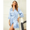 Ekouaer Women Silky Satin Robe Lace Bridesmaid Bathrobes Kimono Loungewear | Short Bride Robes for Bridal Wedding Party, 3/4 Sleeves, Knee Length Maternity Robe, Lightweight Soft Satin Fabric(Grey Blue)