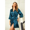 Ekouaer Women Silky Satin Robe Lace Bridesmaid Bathrobes Kimono Loungewear | Short Bride Robes for Bridal Wedding Party, 3/4 Sleeves, Knee Length Maternity Robe, Lightweight Soft Satin Fabric(Peacock Blue)