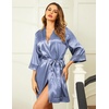 Ekouaer Women Silky Satin Robe Lace Bridesmaid Bathrobes Kimono Loungewear | Short Bride Robes for Bridal Wedding Party, 3/4 Sleeves, Knee Length Maternity Robe, Lightweight Soft Satin Fabric(Cobalt Blue)
