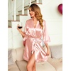 Ekouaer Women Silky Satin Robe Lace Bridesmaid Bathrobes Kimono Loungewear | Short Bride Robes for Bridal Wedding Party, 3/4 Sleeves, Knee Length Maternity Robe, Lightweight Soft Satin Fabric(Champagne)