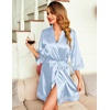Ekouaer Women Silky Satin Robe Lace Bridesmaid Bathrobes Kimono Loungewear | Short Bride Robes for Bridal Wedding Party, 3/4 Sleeves, Knee Length Maternity Robe, Lightweight Soft Satin Fabric(Grey Blue)