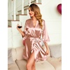 Ekouaer Women Silky Satin Robe Lace Bridesmaid Bathrobes Kimono Loungewear | Short Bride Robes for Bridal Wedding Party, 3/4 Sleeves, Knee Length Maternity Robe, Lightweight Soft Satin Fabric(Deep Pink_bean Paste)