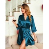Ekouaer Women Silky Satin Robe Lace Bridesmaid Bathrobes Kimono Loungewear | Short Bride Robes for Bridal Wedding Party, 3/4 Sleeves, Knee Length Maternity Robe, Lightweight Soft Satin Fabric(Peacock Blue)