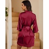 Ekouaer Women Silky Satin Robe Lace Bridesmaid Bathrobes Kimono Loungewear | Short Bride Robes for Bridal Wedding Party, 3/4 Sleeves, Knee Length Maternity Robe, Lightweight Soft Satin Fabric(Wine Red)