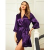 Ekouaer Women Silky Satin Robe Lace Bridesmaid Bathrobes Kimono Loungewear | Short Bride Robes for Bridal Wedding Party, 3/4 Sleeves, Knee Length Maternity Robe, Lightweight Soft Satin Fabric(Deep Purple)