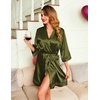 Ekouaer Women Silky Satin Robe Lace Bridesmaid Bathrobes Kimono Loungewear | Short Bride Robes for Bridal Wedding Party, 3/4 Sleeves, Knee Length Maternity Robe, Lightweight Soft Satin Fabric(Army Green)