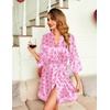Ekouaer Women Silky Satin Robe Lace Bridesmaid Bathrobes Kimono Loungewear | Short Bride Robes for Bridal Wedding Party, 3/4 Sleeves, Knee Length Maternity Robe, Lightweight Soft Satin Fabric(Pink Bowknot)