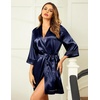 Ekouaer Women Silky Satin Robe Lace Bridesmaid Bathrobes Kimono Loungewear | Short Bride Robes for Bridal Wedding Party, 3/4 Sleeves, Knee Length Maternity Robe, Lightweight Soft Satin Fabric(Deep Blue)