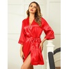 Ekouaer Women Silky Satin Robe Lace Bridesmaid Bathrobes Kimono Loungewear | Short Bride Robes for Bridal Wedding Party, 3/4 Sleeves, Knee Length Maternity Robe, Lightweight Soft Satin Fabric(Red)