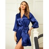 Ekouaer Women Silky Satin Robe Lace Bridesmaid Bathrobes Kimono Loungewear | Short Bride Robes for Bridal Wedding Party, 3/4 Sleeves, Knee Length Maternity Robe, Lightweight Soft Satin Fabric(Navy Blue)